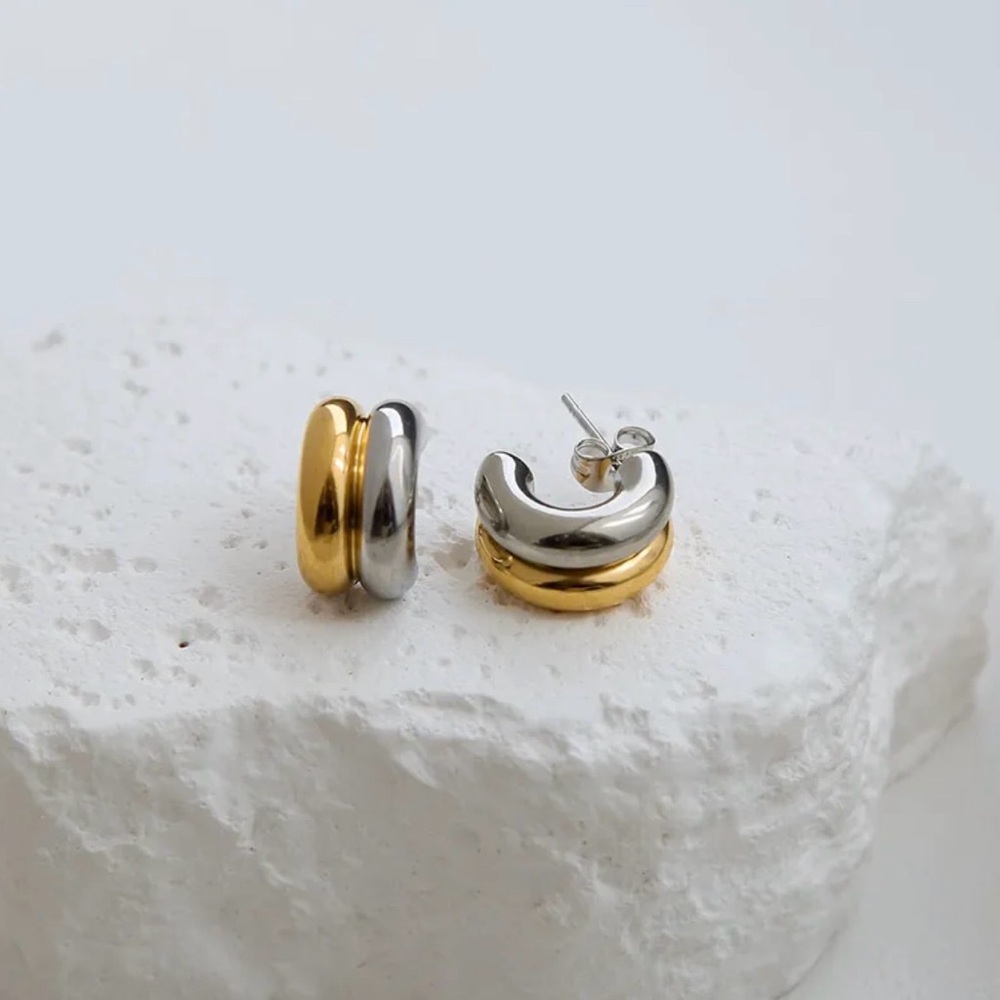 Two-Tone Gold & Silver Curved Hoop Stud Huggie Hoop Earrings